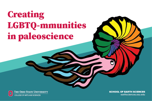 Stylized conference title featuring an ammonite designed in the Progressive Pride Flag colors